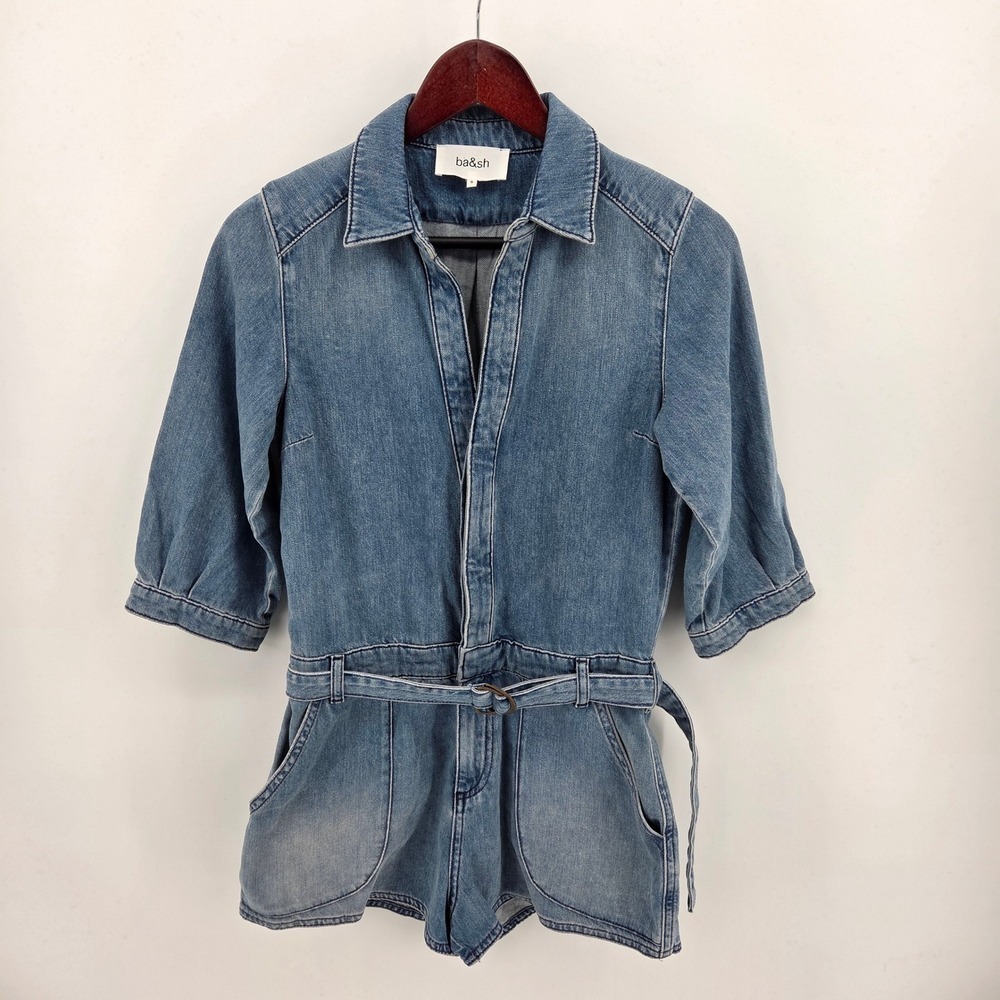 Ba&sh Denim Romper‎ Blue Belted Button Front Short Jumpsuit Size 0 French Style